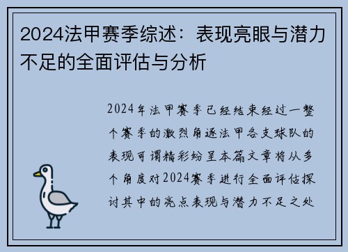 2024法甲赛季综述：表现亮眼与潜力不足的全面评估与分析