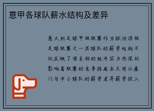 意甲各球队薪水结构及差异